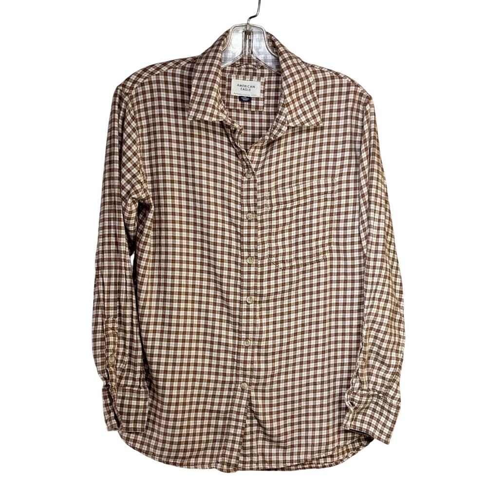 American Eagle Womens XXS Flannel Shirt Bown & White Check Cotton Blend L/S Soft